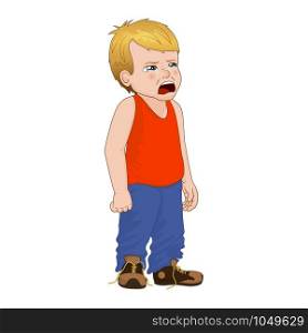Little bully boy crying, face showing sadness emotion. Boy in red T-shirt and denim pants. Vector Illustration. Vector Illustration little boy crying, face showing sadness emotion. Boy in red T-shirt and denim pants.