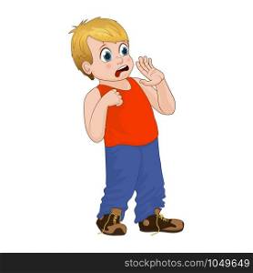 Little bully boy scared, face showing fear emotion. Boy in red T-shirt and denim pants. Vector Illustration. Vector Illustration little boy scared, face showing fear emotion. Boy in red T-shirt and denim pants.