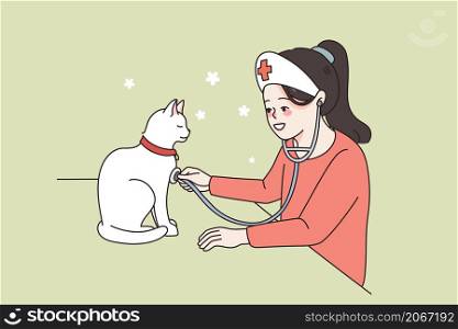 Little caring girl child dressed as vet doctor listen with stethoscope to cats heart. Smiling small kid play act as veterinarian nurse help kitty. Future profession, pet lover. Vector illustration. . Caring small girl child act as vet doctor