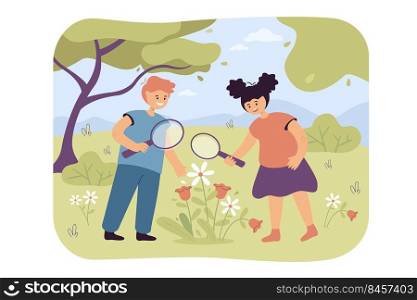 Little cartoon children playing biologists with magnifying glass. Flat vector illustration. Girl and boy searching for butterflies, bees, flowers outdoor. Nature, discovery, biology, childhood concept