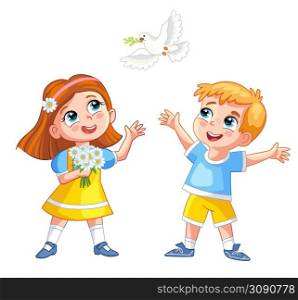 Little cartoon happy boy and girl characters in yellow and blue clothes with white dove. Vector illustration isolated on white background. Happy cartoon boy and girl with white dove vector illustration