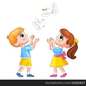 Little cartoon happy boy and girl characters in yellow and blue clothes with white doves. Vector illustration isolated on white background. Happy cartoon boy and girl with white pigeons vector illustration