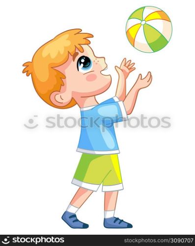 Little cartoon happy boy character in blue and green clothes playing with a soccer ball. Vector illustration isolated on white background. Happy cartoon boy playing with ball vector illustration