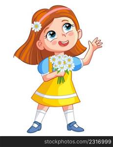 Little cartoon happy girl in blue and yellow clothes of the colors of the Ukrainian flag with bouquet of daisies. Peace in Ukraine poster concept. Vector illustration isolated on white background. Happy cartoon girl with bouquet of daisies vector illustration