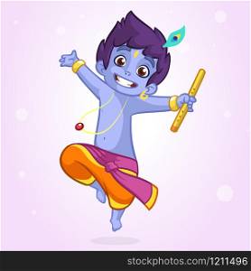 Little cartoon Krishna with a flute. Greeting card for Krishna birthday. Vector illustration isolated on a white background. Outlined illustration