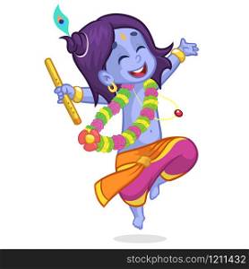 Little cartoon Krishna with eyes closed dancing with a flute. Greeting card for Krishna birthday. Vector illustration isolated on a white background.. Little cartoon Krishna dancing