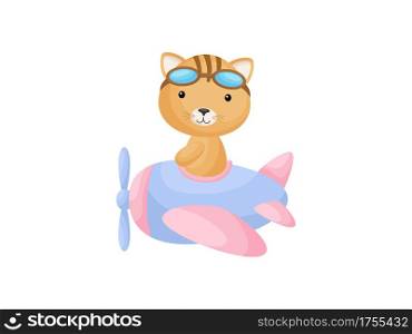 Little cat wearing aviator goggles flying an airplane. Funny baby character flying on plane for greeting card, baby shower, birthday invitation, house interior. Isolated cartoon vector illustration