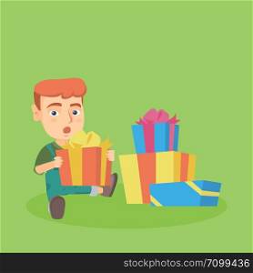 Little caucasian baby boy opening birthday or christmas gift box. Surprised baby boy with open mouth sitting on the floor with many presents in gift boxes. Vector cartoon illustration. Square layout.. Caucasian baby boy sitting with many gift boxes.