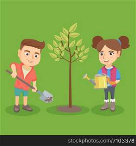 Little caucasian boy and girl planting the tree together. Happy children with watering can and shovel planting a young tree in the garden. Vector sketch cartoon illustration. Square layout.. Little caucasian boy and girl planting the tree.