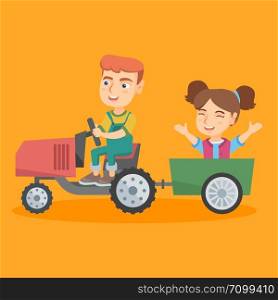 Little caucasian boy driving a tractor with his female friend in hindcarriage. Cheerful boy and girl enjoying a ride in a tractor. Vector sketch cartoon illustration. Square layout.. Boy driving a tractor with his friend in trailer.