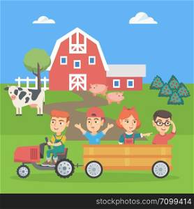 Little caucasian boy driving a tractor with his friends in hindcarriage in the farm. Children enjoying a ride in a tractor in the backyard of farm. Vector sketch cartoon illustration. Square layout.. Boy driving a tractor with his friends in trailer.