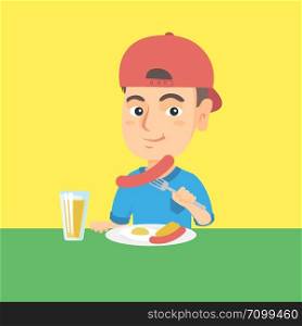 Little caucasian boy eating sausage and fried egg for breakfast. Boy sitting at the table with plate with sausage and fried egg and glass of orange juice. Vector cartoon illustration. Square layout.. Boy eating sausage and fried egg for breakfast.