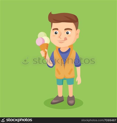 Little caucasian boy holding an ice cream cone. Cheerful boy eating a delicious ice cream cone. Happy boy looking at an ice cream and licking. Vector cartoon illustration. Square layout.. Little caucasian boy holding an ice cream cone.