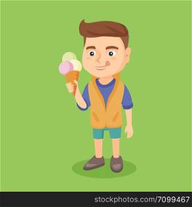 Little caucasian boy holding an ice cream cone. Cheerful boy eating a delicious ice cream cone. Happy boy looking at an ice cream and licking. Vector cartoon illustration. Square layout.. Little caucasian boy holding an ice cream cone.