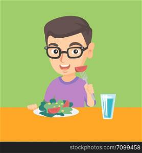 Little caucasian boy holding fork with tomato and sitting at the table with plate full of healthy vegetable salad. Cheerful boy eating vegetable salad. Vector cartoon illustration. Square layout.. Little caucasian boy eating vegetable salad.