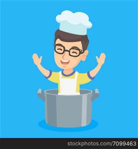 Little caucasian boy in a chef hat sitting in a large saucepan. Cheerful smiling boy with raised hands and closed eyes sitting in a big saucepan. Vector cartoon illustration. Square layout.. Little caucasian boy sitting in a large saucepan.