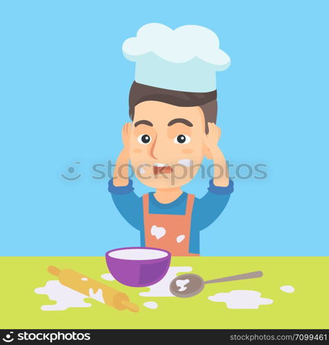 Little caucasian boy in apron and chef hat making big mess during cooking. Boy standing at the table and clutching head while looking at mess after cooking. Vector cartoon illustration. Square layout.. Little caucasian chef making mess during cooking.