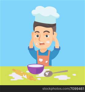 Little caucasian boy in apron and chef hat making big mess during cooking. Boy standing at the table and clutching head while looking at mess after cooking. Vector cartoon illustration. Square layout.. Little caucasian chef making mess during cooking.