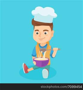 Little caucasian boy in chef hat making the dough in a bowl. Boy stirring the dough with a spoon. Boy sitting on the floor and kneading the dough. Vector cartoon illustration. Square layout.. Little caucasian boy in chef hat making the dough.