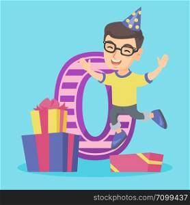 Little caucasian boy jumping next to the figure zero and gift boxes at the birthday party. Cheerful boy wearing party hat and celebrating his birthday. Vector cartoon illustration. Square layout.. Caucasian boy celebrating first birthday.