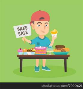 Little caucasian boy running charity bake sale. Smiling boy standing at the table with sweets and holding cupcake and plate with text bake sale. Vector cartoon illustration. Square layout.. Little caucasian boy running charity bake sale.