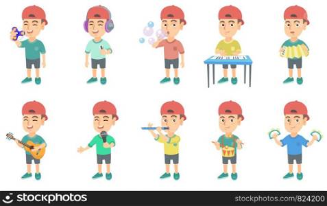 Little caucasian boy set. Boy blowing soap bubbles, playing the piano, accordion, acoustic guitar, flute, drum, tambourine. Set of vector sketch cartoon illustrations isolated on white background.. Little caucasian boy vector illustrations set.