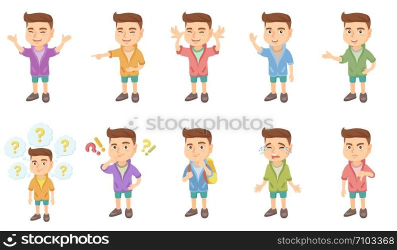 Little caucasian boy set. Boy bullying someone, gesturing with his hands, standing under question marks, exclamation points. Set of vector sketch cartoon illustrations isolated on white background.. Little caucasian boy vector illustrations set.
