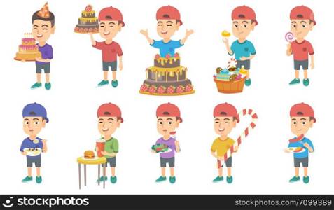 Little caucasian boy set. Boy holding birthday cake with candles, lollipop, eating porridge with blueberries, drinking soda. Set of vector sketch cartoon illustrations isolated on white background.. Little caucasian boy vector illustrations set.