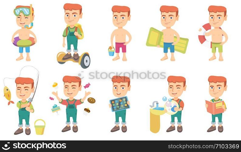 Little caucasian boy set. Boy holding fishing rod with fish on hook, playing game on a tablet computer, washing dishes in sink. Set of vector sketch cartoon illustrations isolated on white background. Little caucasian boy vector illustrations set.