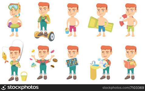 Little caucasian boy set. Boy holding fishing rod with fish on hook, playing game on a tablet computer, washing dishes in sink. Set of vector sketch cartoon illustrations isolated on white background. Little caucasian boy vector illustrations set.