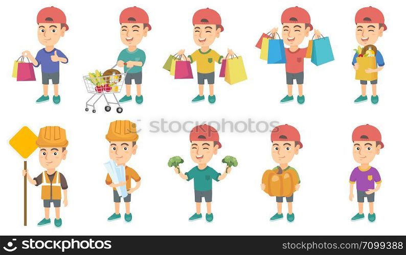 Little caucasian boy set. Boy holding shopping bag with groceries, wearing builder costume and holding road sign, blueprint. Set of vector sketch cartoon illustrations isolated on white background.. Little caucasian boy vector illustrations set.