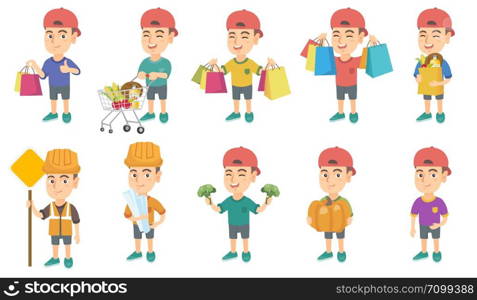 Little caucasian boy set. Boy holding shopping bag with groceries, wearing builder costume and holding road sign, blueprint. Set of vector sketch cartoon illustrations isolated on white background.. Little caucasian boy vector illustrations set.