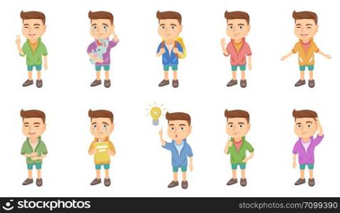 Little caucasian boy set. Boy holding toy rabbit, textbook, carrying a backpack on his shoulders, laughing, scratching head. Set of vector sketch cartoon illustrations isolated on white background.. Little caucasian boy vector illustrations set.