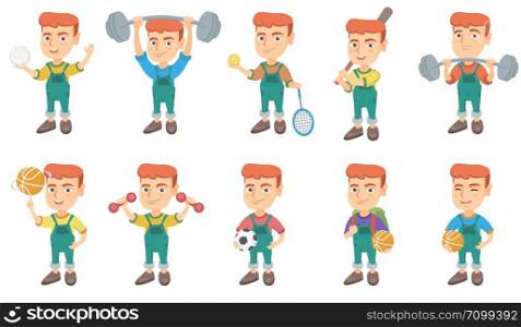 Little caucasian boy set. Boy holding volleyball and football ball, tennis racket, baseball bat, lifting a heavy weight barbell. Set of vector sketch cartoon illustrations isolated on white background. Little caucasian boy vector illustrations set.