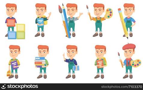 Little caucasian boy set. Boy playing with building cubes, holding pencil, palette, paintbrush, pile of textbooks, waving. Set of vector sketch cartoon illustrations isolated on white background.. Little caucasian boy vector illustrations set.