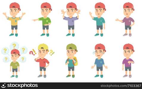 Little caucasian boy set. Boy standing with hands raised in the air, making grimace, waving hand, showing thumb down, crying. Set of vector sketch cartoon illustrations isolated on white background.. Little caucasian boy vector illustrations set.