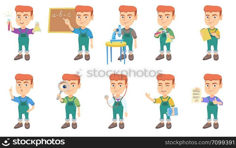 Little caucasian boy set. Boy wearing a doctor coat, holding stethoscope, book, sheet with the highest mark, giving thumb up. Set of vector sketch cartoon illustrations isolated on white background.. Little caucasian boy vector illustrations set.