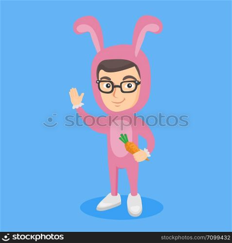 Little caucasian boy wearing a rabbit costume and holding a carrot. Happy child dressed as a rabbit waving hand. Vector cartoon illustration. Square layout.. Little caucasian boy wearing a rabbit costume.