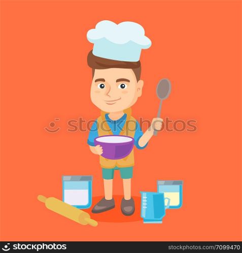 Little caucasian boy wearing chef hat and holding a saucepan and a kitchen spoon. Boy with a saucepan and a spoon standing near rolling pin and kitchenware. Vector cartoon illustration. Square layout.. Caucasian boy holding a saucepan and a spoon.