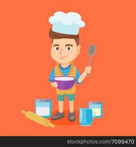 Little caucasian boy wearing chef hat and holding a saucepan and a kitchen spoon. Boy with a saucepan and a spoon standing near rolling pin and kitchenware. Vector cartoon illustration. Square layout.. Caucasian boy holding a saucepan and a spoon.