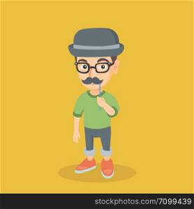 Little caucasian boy wearing hat bowler and holding fake moustache on a stick in front of his face. Boy in hat bowler, glasses and fake mustache. Vector cartoon illustration. Square layout.. Little caucasian boy with a fake mustache.