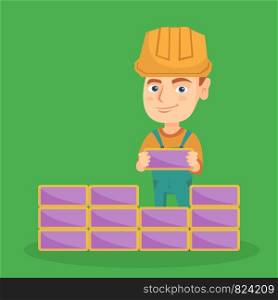 Little caucasian bricklayer boy in hard hat building a brick wall. Smiling bricklayer boy in uniform and helmet learning bricklaying. Vector sketch cartoon illustration. Square layout.. Caucasian bricklayer boy building a brick wall.