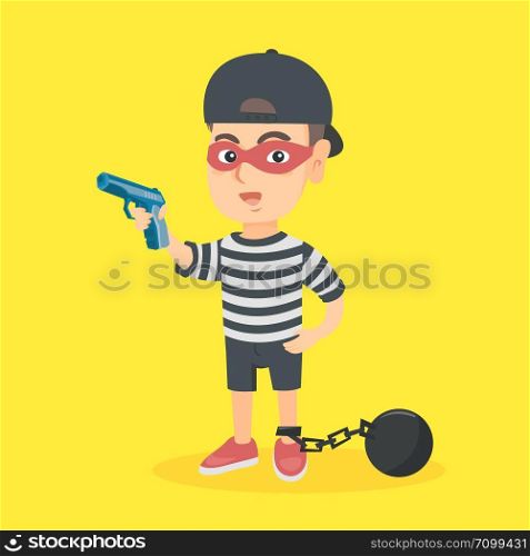 Little caucasian criminal boy wearing face mask, prisoner costume and holding a gun. Criminal boy with a chain ball and a pistol. Boy playing in a criminal. Vector cartoon illustration. Square layout.. Caucasian criminal boy holding a gun.
