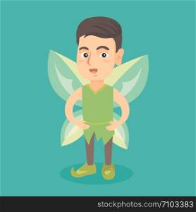 Little caucasian fairy boy with green butterfly wings. Boy dressed in the costume of fairy. Kid wearing elf or fairy suit. Vector cartoon illustration. Square layout.. Caucasian fairy boy with green butterfly wings.