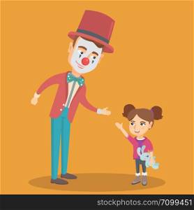 Little caucasian girl holding a rabbit toy in hand and greeting the clown. Happy girl and clown at children party. Clown playing with girl. Vector cartoon illustration. Square layout.. Little caucasian girl playing with clown.