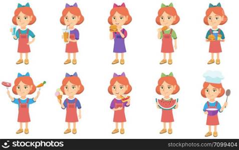 Little caucasian girl set. Girl drinking water, holding tray with fast food, forks with carrot and steak, ice cream, watermelon. Set of vector sketch cartoon illustrations isolated on white background. Little caucasian girl vector illustrations set.