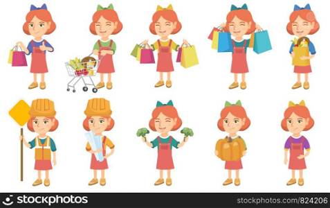 Little caucasian girl set. Girl holding broccoli, pumpkin, pushing shopping trolley with groceries, wearing builder costume. Set of vector sketch cartoon illustrations isolated on white background.. Little caucasian girl vector illustrations set.