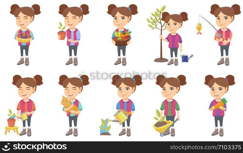 Little caucasian girl set. Girl holding flower in a pot, cat, carrot, fishing rod with fish, pushing wheelbarrow with sprout. Set of vector sketch cartoon illustrations isolated on white background.. Little caucasian girl vector illustrations set.