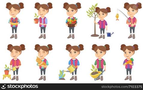 Little caucasian girl set. Girl holding flower in a pot, cat, carrot, fishing rod with fish, pushing wheelbarrow with sprout. Set of vector sketch cartoon illustrations isolated on white background.. Little caucasian girl vector illustrations set.