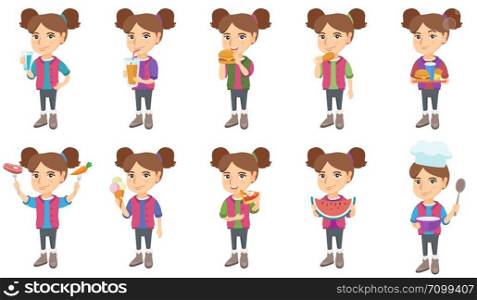 Little caucasian girl set. Girl holding forks with carrot and steak, ice cream cone, watermelon, saucepan and a kitchen spoon. Set of vector sketch cartoon illustrations isolated on white background.. Little caucasian girl vector illustrations set.